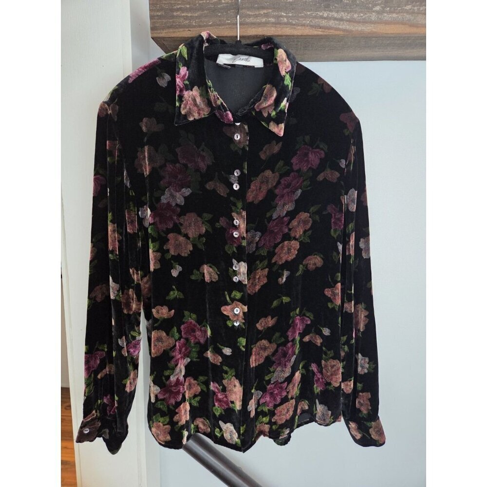 Essai Velvet Floral Button Up Blouse Sz L/XL Rayon Silk Black Long Sleeve Top